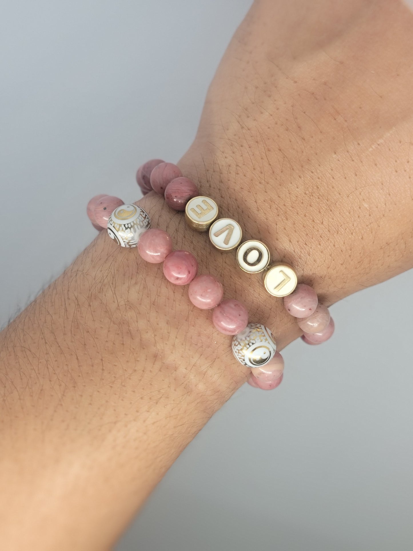 Rhodonite 'Love' yin-yang bracelet set