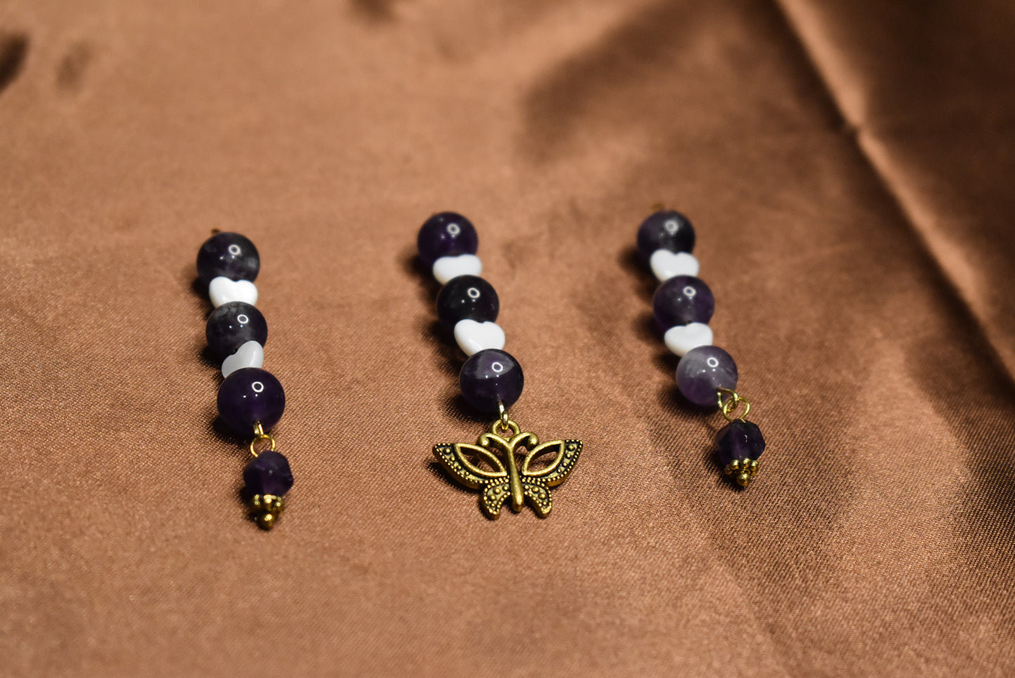 Amethyst and Pearl Butterfly Loc Charm Set