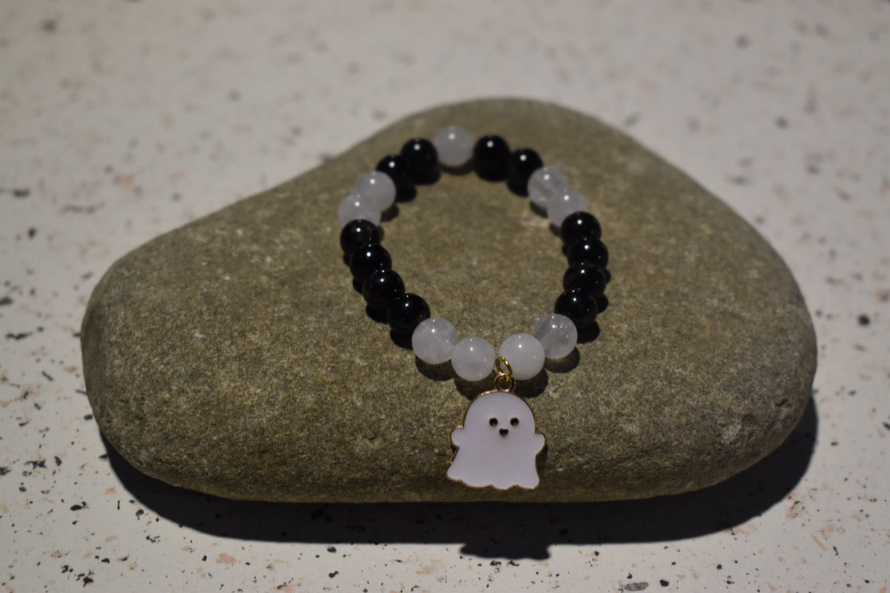 Black Tourmaline & Cracked Quartz Ghost Bracelet Set