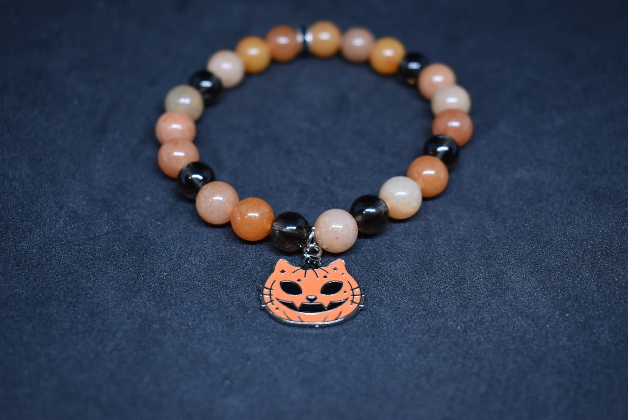 Red Aventurine with Smoky Quarts Pumpkin Cat Bracelet