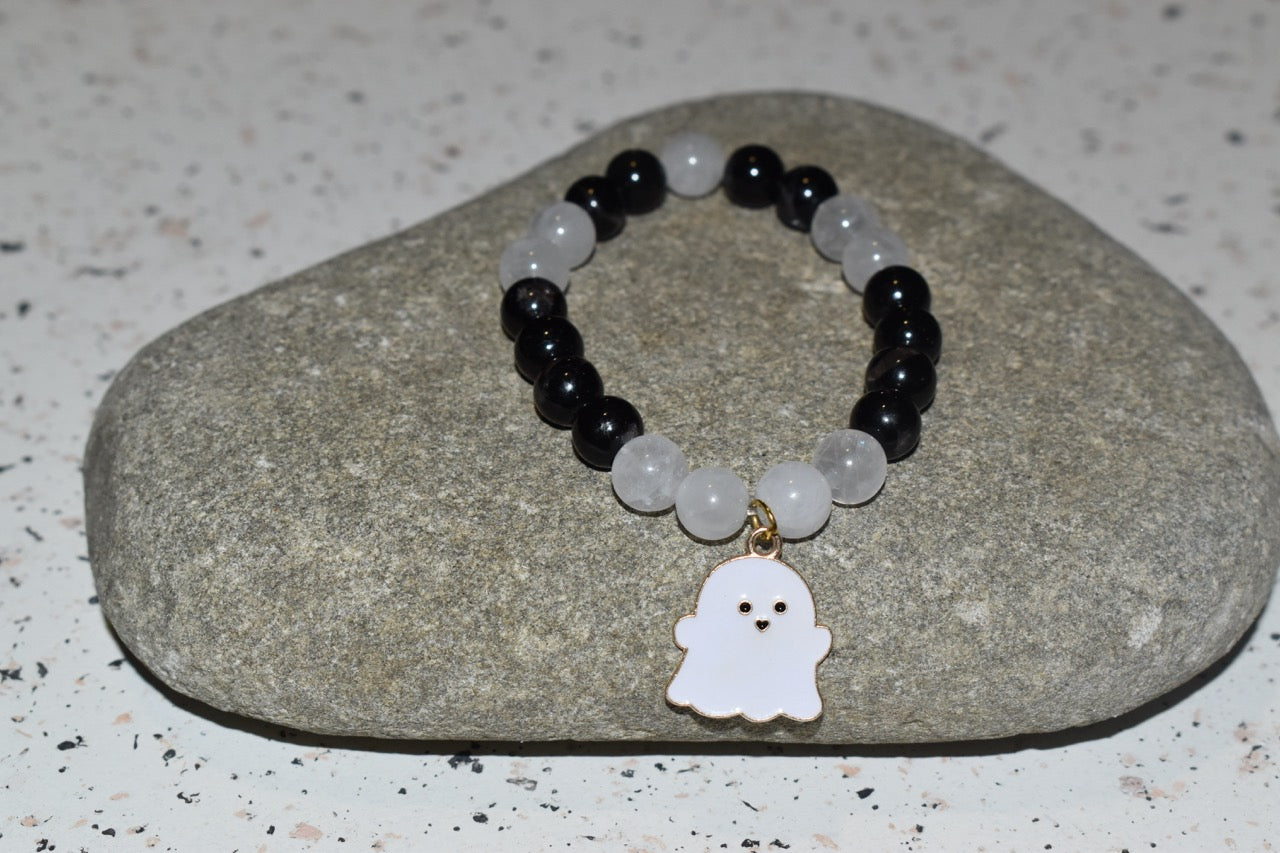 Black Tourmaline & Cracked Quartz Ghost Bracelet Set