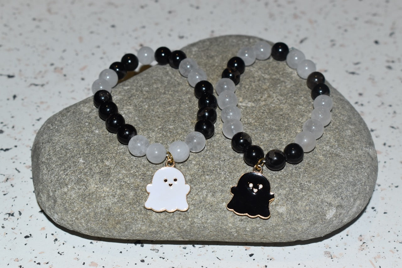 Black Tourmaline & Cracked Quartz Ghost Bracelet Set