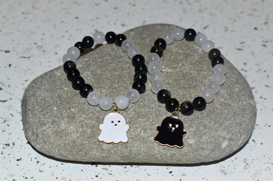 Black Tourmaline & Cracked Quartz Ghost Bracelet Set