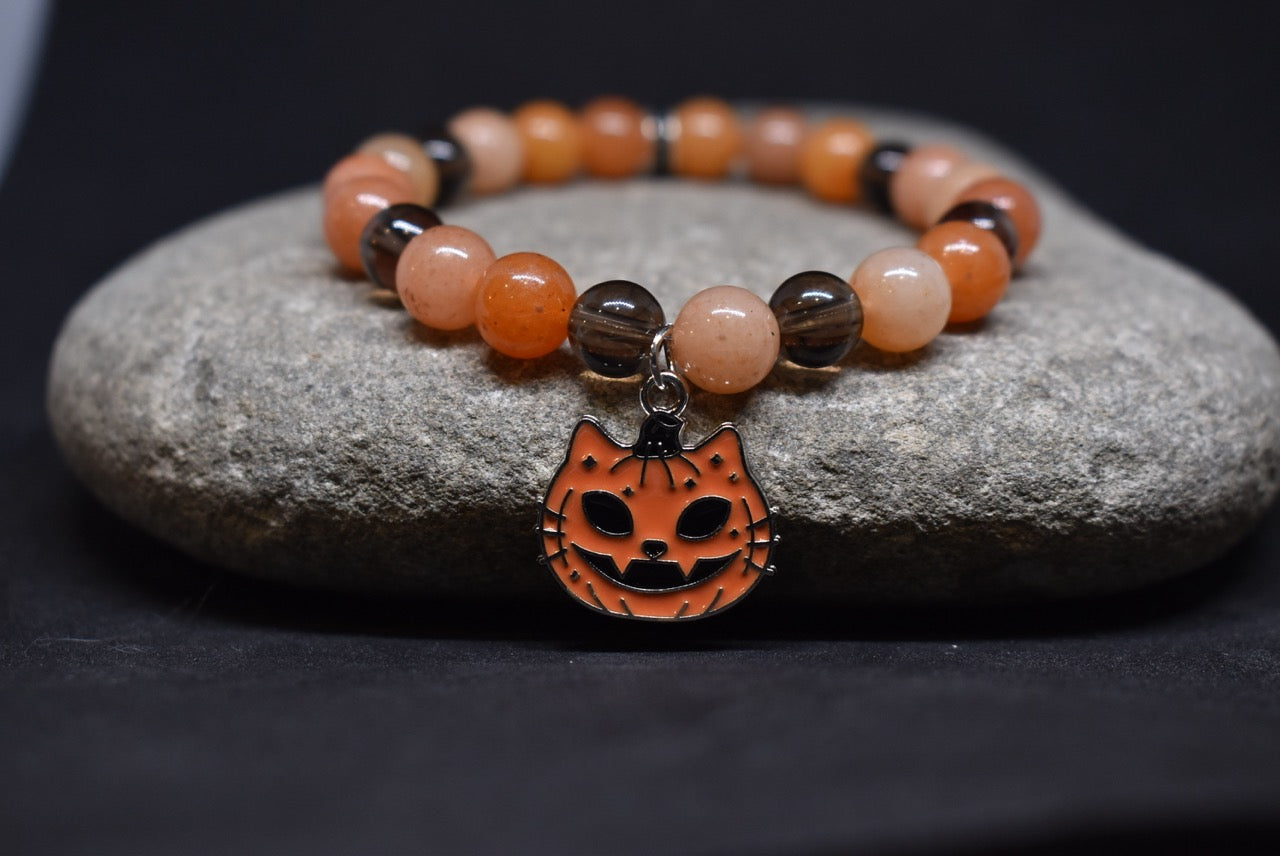 Red Aventurine with Smoky Quarts Pumpkin Cat Bracelet