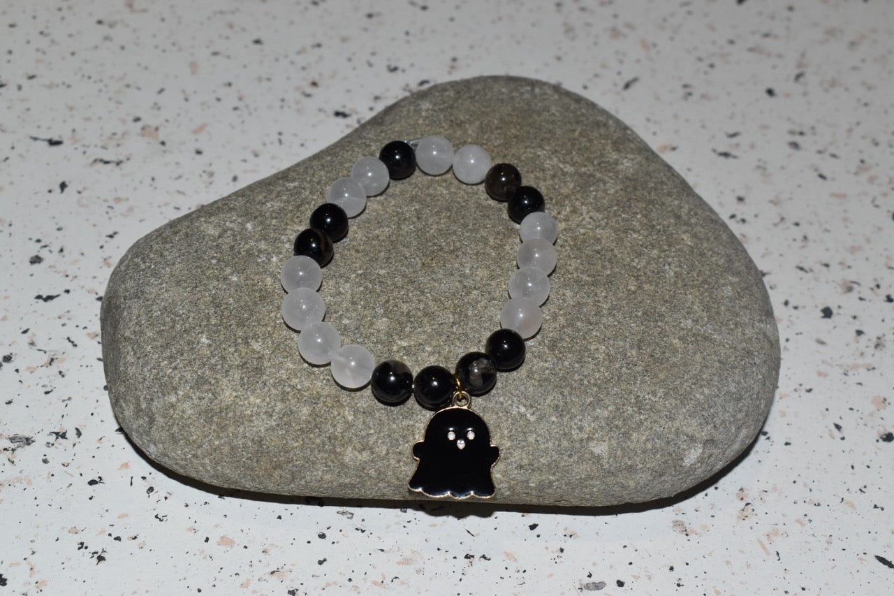 Black Tourmaline & Cracked Quartz Ghost Bracelet Set