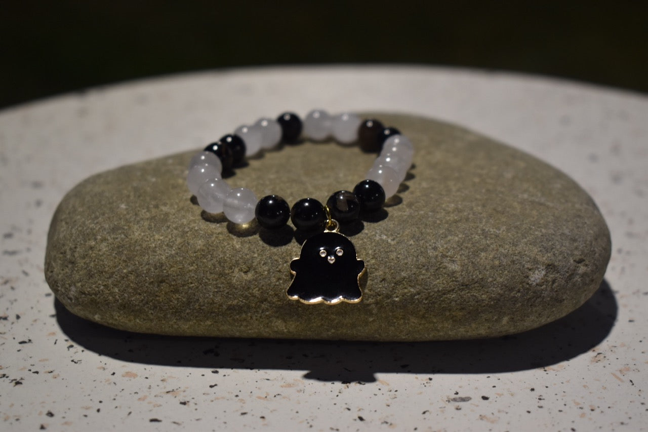 Black Tourmaline & Cracked Quartz Ghost Bracelet Set