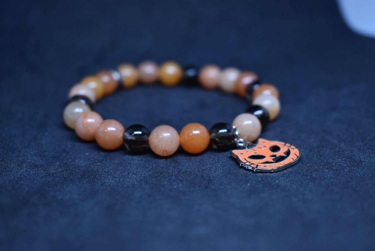 Red Aventurine with Smoky Quarts Pumpkin Cat Bracelet