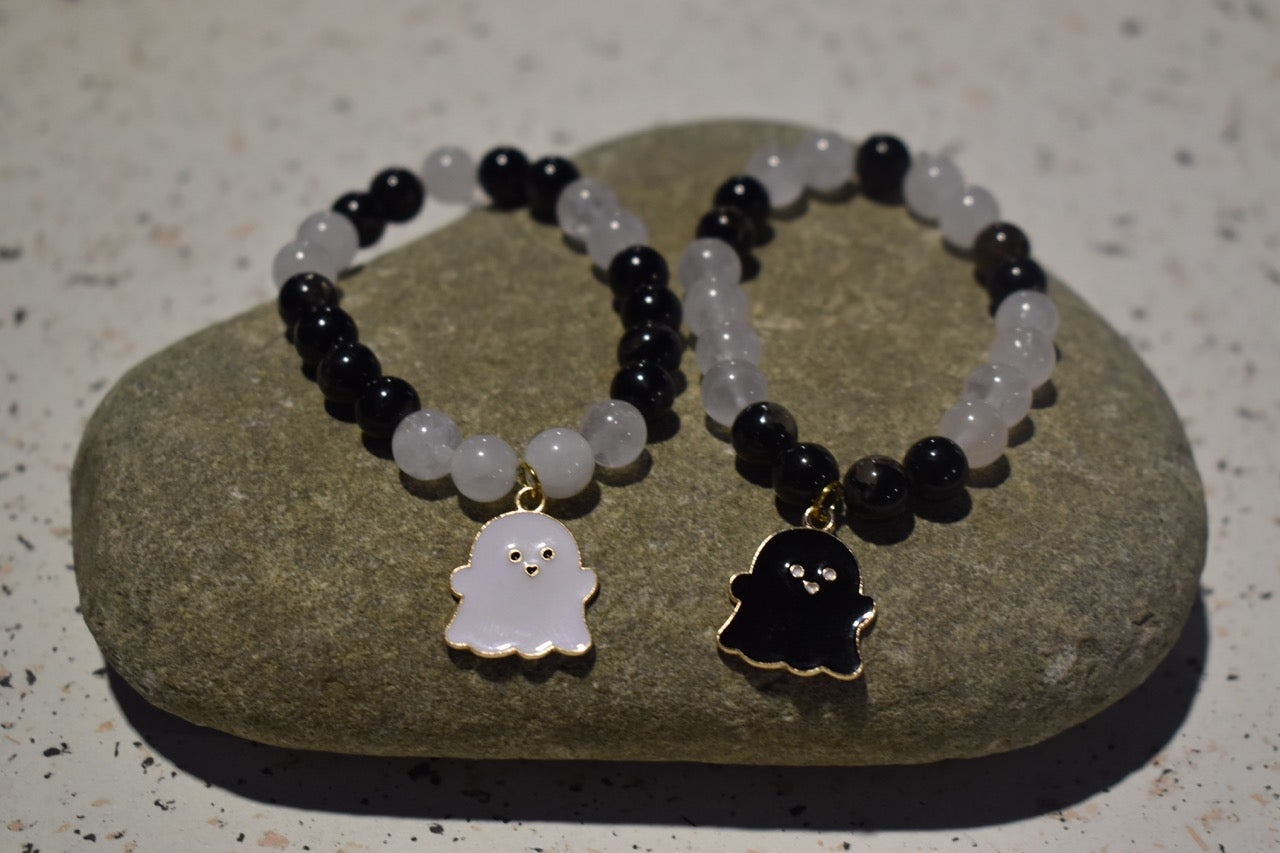 Black Tourmaline & Cracked Quartz Ghost Bracelet Set